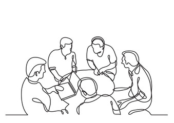 continuous line drawing of coworkers discussing