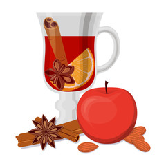 Mulled wine, apple and fragrant spices isolated on white background.