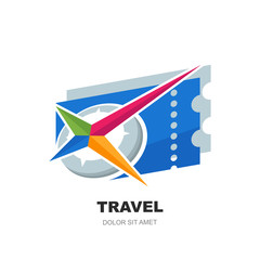 Vector logo design template with abstract multicolor compass symbol and blue ticket. Modern concept for vacation, travel, tour search, ticket office and tourism.