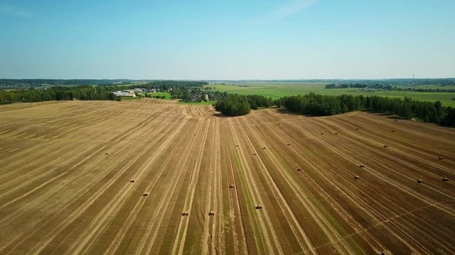 4K. Flight over cultivated fields with haystacks after harvesting. Aerial view.