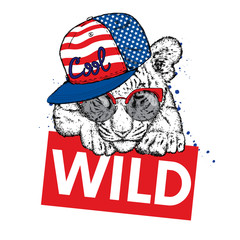 A beautiful tiger cub with glasses and a cap. Vector illustration for a postcard or a poster, print for clothes and accessories. Wild tiger. Fashion & Style. American flag. The Patriot of the USA.