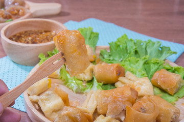 Deep fried spring roll and Fried Tofu with sauce
