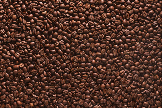 Roasted coffee beans on a flat background.