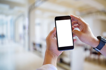 Businessman using Smartphone. Blank screen mobile phone for graphic display montage.