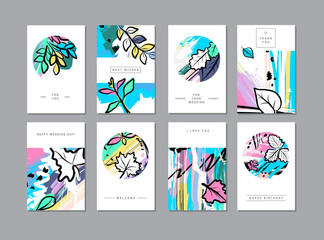 Set of creative universal floral cards in trendy style with Hand Drawn textures.