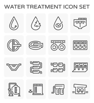 Water treatment icon and process, That removes contaminants and undesirable components to improves the quality of water appropriate for end-use such as drinking or water supply, Vector icon design.