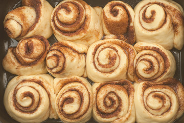 Cinnamon rolls or cinnabon handmade raw dough preparation sweet traditional dessert buns pastry food baked homemade swirl Danish mini snack