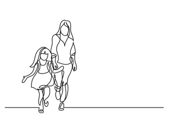 one line drawing of mother and daughter walking together