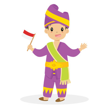 Padang boy wearing traditional dress and holding Indonesian flag cartoon vector