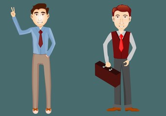 2 men in business style vector illustration. Smiling  man one of them  with suitcase.