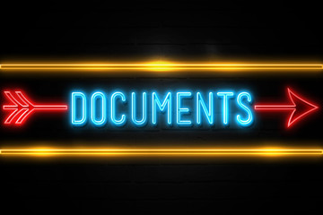 Documents - fluorescent Neon Sign on brickwall Front view
