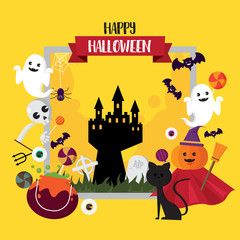 Happy Halloween Concept Pumpkin witch Hat and Ghost in Castle set illustrations