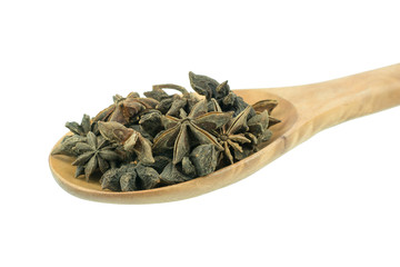 Star anise spice fruits and seeds isolated on white background closeup