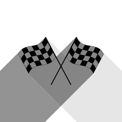Crossed checkered flags logo waving in the wind conceptual of motor sport. Vector. Black icon with two flat gray shadows on white background.