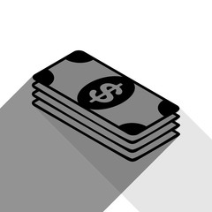 Bank Note dollar sign. Vector. Black icon with two flat gray shadows on white background.