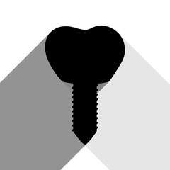 Tooth implant sign illustration. Vector. Black icon with two flat gray shadows on white background.