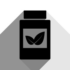 Supplements container sign. Vector. Black icon with two flat gray shadows on white background.