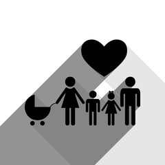 Family sign with heart. Husband and wife are kept children's hands. Vector. Black icon with two flat gray shadows on white background.