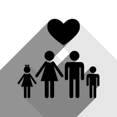 Family symbol with heart. Husband and wife are kept children's hands. Love. Vector. Black icon with two flat gray shadows on white background.