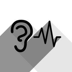 Ear hearing sound sign. Vector. Black icon with two flat gray shadows on white background.