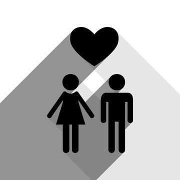 Family symbol with heart. Husband and wife are kept each other's hands. Love. Vector. Black icon with two flat gray shadows on white background.