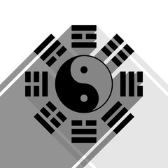 Yin and yang sign with bagua arrangement. Vector. Black icon with two flat gray shadows on white background.