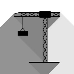 Construction crane sign. Vector. Black icon with two flat gray shadows on white background.