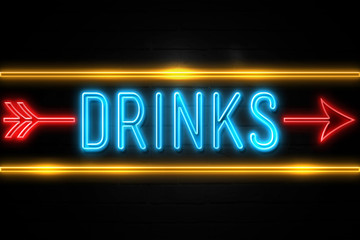 Drinks  - fluorescent Neon Sign on brickwall Front view