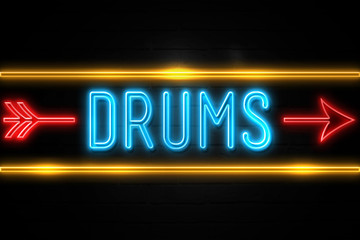 Drums  - fluorescent Neon Sign on brickwall Front view