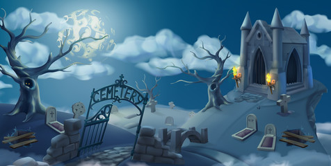 Cemetery, halloween background. Cartoon landscape panorama, 3d vector graphics