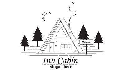 rent, cabin, logo, design, vector, advertising, company, holiday, village, smoke, moon, illustration,