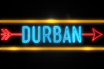 Obraz premium Durban - fluorescent Neon Sign on brickwall Front view