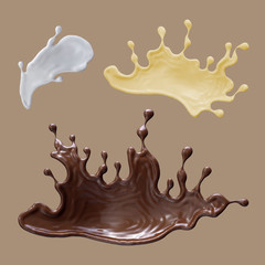 3d render, abstract liquid, milk, chocolate, butter, splash, colorful wavy jets, ingredients set, isolated splashing clip art