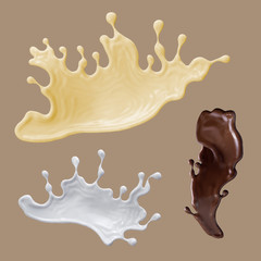3d render, abstract liquid, milk, chocolate, butter, splash, colorful wavy jets, ingredients set, isolated splashing clip art