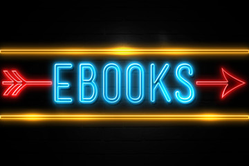 Fototapeta premium Ebooks - fluorescent Neon Sign on brickwall Front view