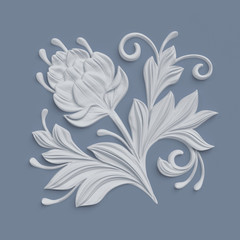 3d render, floral design elements, abstract botanical clip art, classical architectural decor, white stucco, relief flower