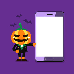 Cartoon character halloween pumpkin with smartphone