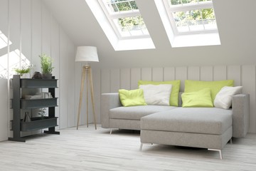 Idea of white room with sofa and summer landscape in window. Scandinavian interior design. 3D illustration