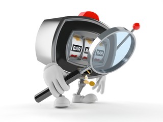 Slot machine character looking through magnifying glass