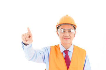 Young confident asian man, orange safety hat, orange safety jacket, safety glass, red tie, blue shirt on white pointing finger.