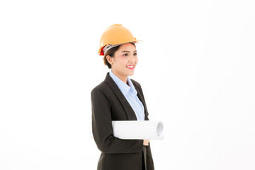 Young attractive confident asian woman, orange safety hat, black suit, blue shirt on white background holding blueprint.