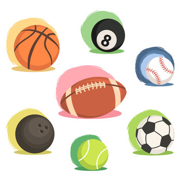 Sport ball set rugby tennis soccer billiard basketball baseball bowling icon vector illustration isolated on colorful and white background.