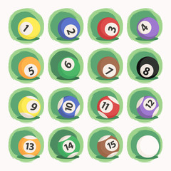 Billiard Ball Set Triangle isolated on green white background vector illustration