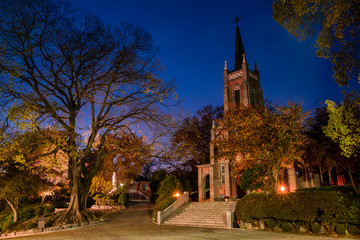 Autumn Beautiful night view of Gongseri Catholic Church in autumn colors.