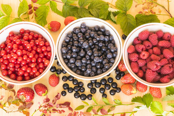 Fresh and colorful berries assortment with green leaves on the light wooden background.