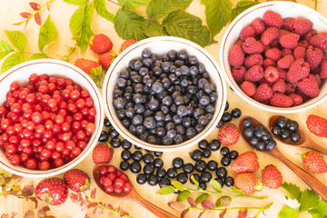 Fresh and colorful berries assortment with green leaves on the light wooden background.