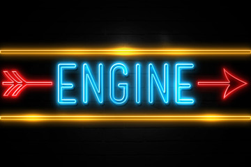 Engine  - fluorescent Neon Sign on brickwall Front view