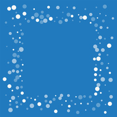 Falling white dots. Square messy frame with falling white dots on blue background. Vector illustration.