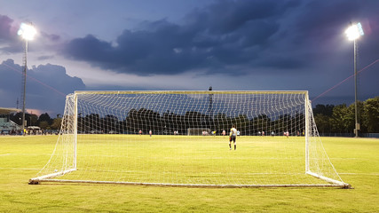 Football goal with the white mesh on a green lawn in the evening