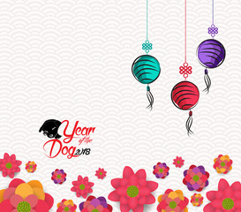 Oriental Happy Chinese New Year Blooming Flowers and lantern Design. Year of the dog